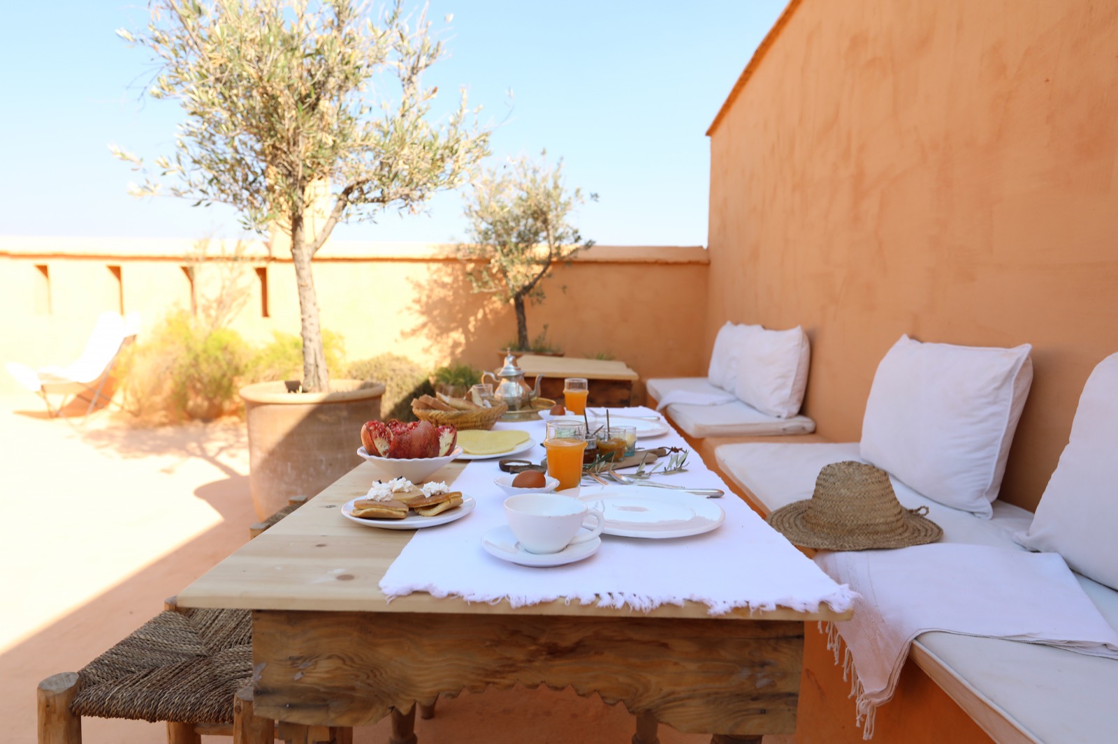 La terrasse du Riad Azzouna 13 au petit-déjeuner &mdash; table dressée, olivier en pot et murs terracotta